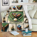 Billiards blanket draped over a sofa, featuring colorful pool balls, cues, and detailed table artwork