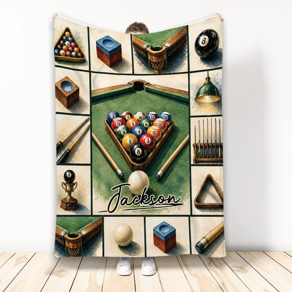 Billiards throw blanket with pool balls, cues, green table artwork, and a trophy-inspired sports design