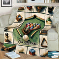 Billiards throw blanket displayed on a couch with pool table, racked balls, cues, and equipment illustrations