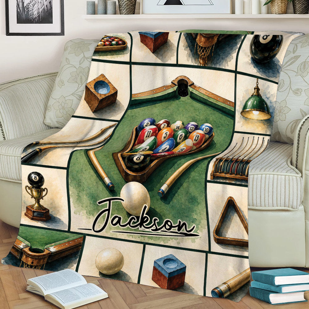 Billiards throw blanket displayed on a couch with pool table, racked balls, cues, and equipment illustrations