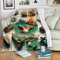 Billiard throw blanket displayed over a sofa with colorful pool table and equipment artwork