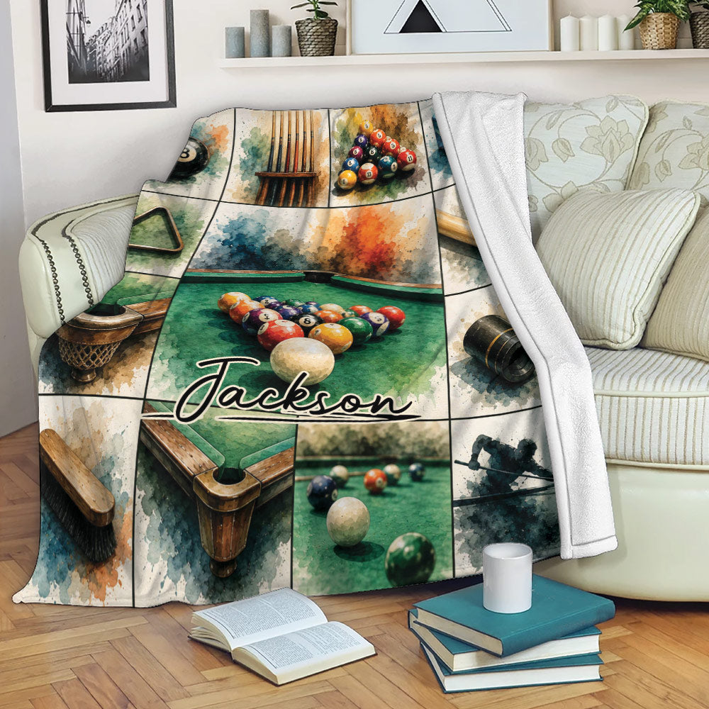 Billiard throw blanket displayed over a sofa with colorful pool table and equipment artwork