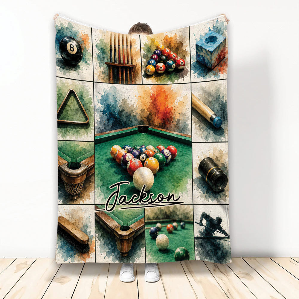 Billiard throw blanket with watercolor pool table, balls, cues, pockets, and artistic sports collage