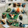 Billiard throw blanket draped across a couch featuring watercolor pool balls, cues, and table details