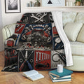 Mechanic throw blanket displayed on a sofa with engine and automotive tool collage design