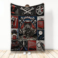 Mechanic blanket with engine, wrenches, tool chest, car wheel, repair tools, and automotive garage artwork