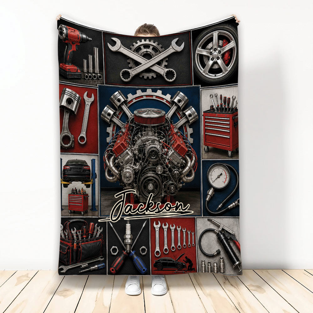 Mechanic blanket with engine, wrenches, tool chest, car wheel, repair tools, and automotive garage artwork