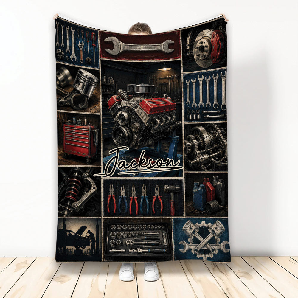 Mechanic throw blanket displayed upright with engine, wrenches, tools, pistons, and garage-inspired automotive artwork