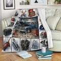 Mechanic throw blanket draped over a sofa with vintage truck and auto shop tool illustrations