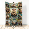 Custom otter blanket featuring a collage of playful river otters in water, wildflowers, and natural scenery