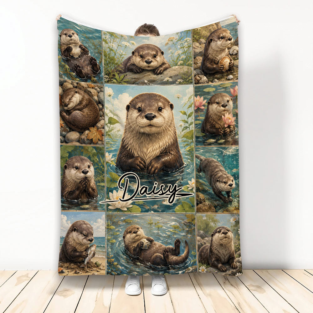 Custom otter blanket featuring a collage of playful river otters in water, wildflowers, and natural scenery