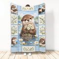 Otter throw blanket with river scene, daisies, blue gingham borders, and charming wildlife artwork