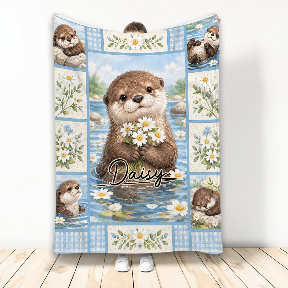 Otter throw blanket with river scene, daisies, blue gingham borders, and charming wildlife artwork