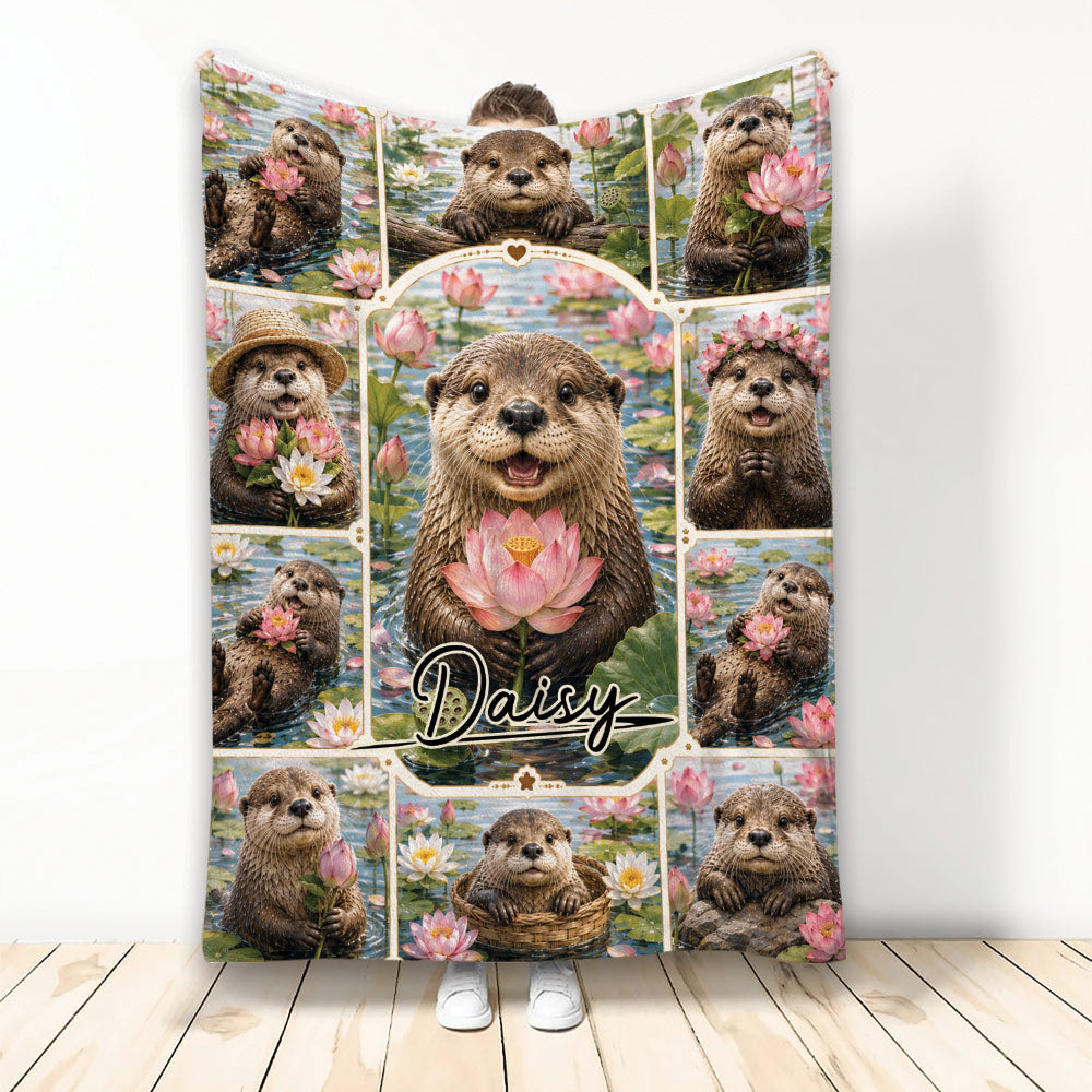 Otter throw blanket featuring playful river otters, pink water lilies, and a nature-inspired collage design