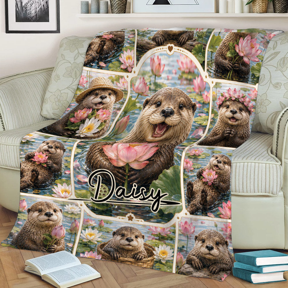 Close lifestyle view of an otter throw blanket with smiling otters, lotus flowers, and pond scenery