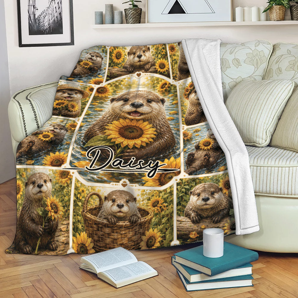 Otter throw blanket with sunflower artwork draped over a living room sofa