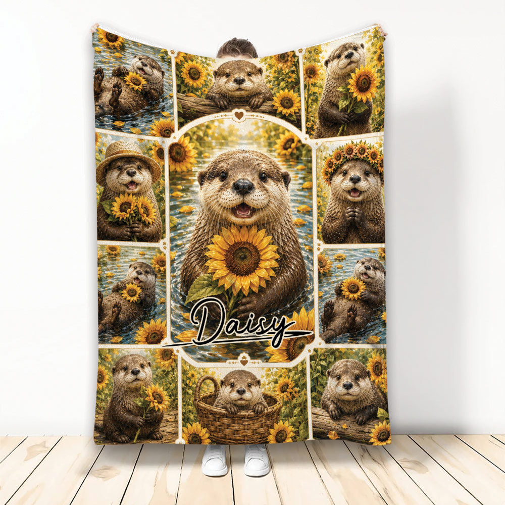 Otter blanket with sunflower artwork and a collage of playful wildlife scenes