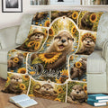 Sunflower otter blanket displayed across a sofa with detailed wildlife scenes