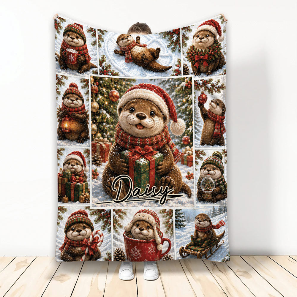 Christmas otter throw blanket displayed upright with festive holiday scenes and cozy wildlife artwork