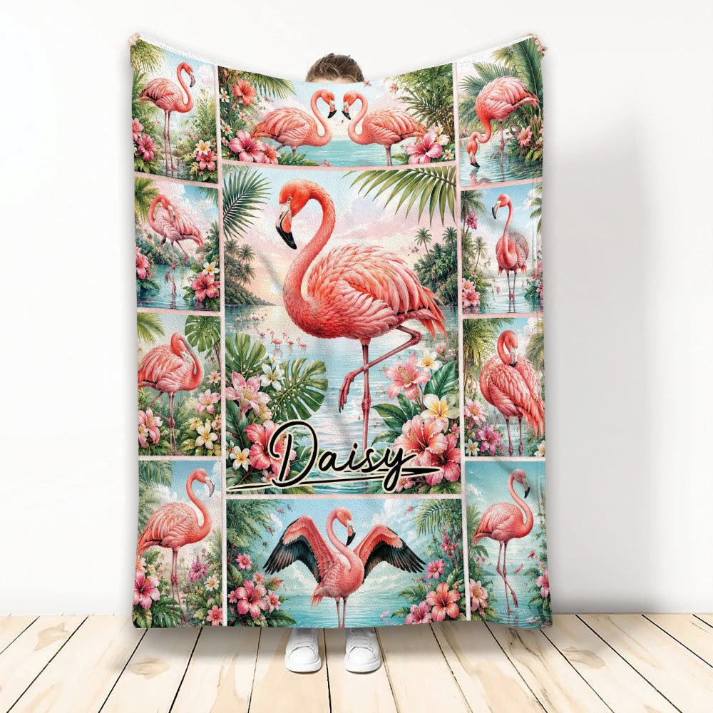 Tropical flamingo throw blanket displayed with pink flowers, palm leaves, and aqua water scenes