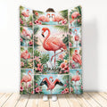 Tropical flamingo throw blanket displayed with pink flowers, palm leaves, and aqua water scenes