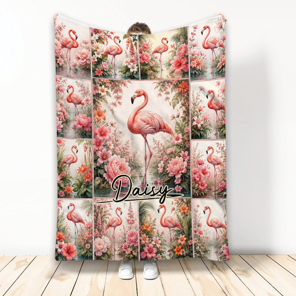 Flamingo blanket with pink flowers, water scenes, and a colorful botanical collage design