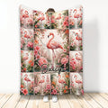 Flamingo blanket with pink flowers, water scenes, and a colorful botanical collage design