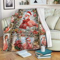 Festive flamingo blanket draped over a sofa, featuring Christmas ornaments, gifts, scarves, and evergreen branches