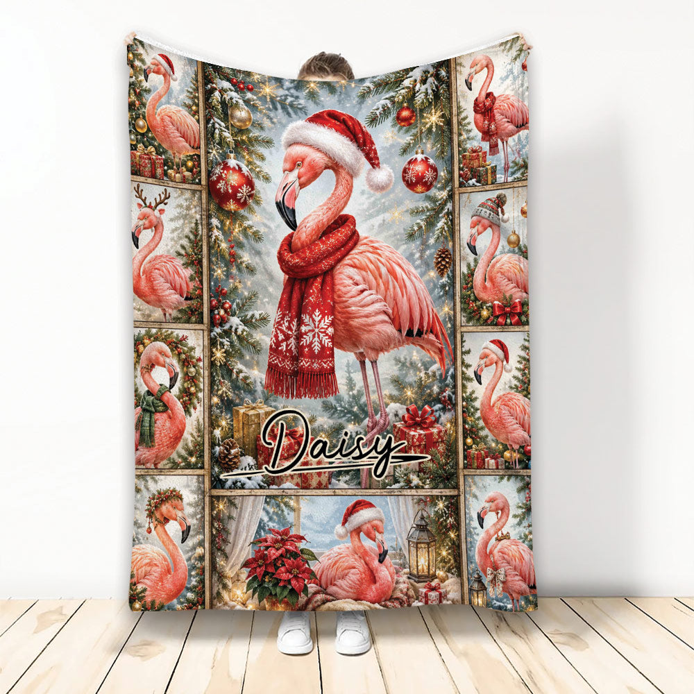 Christmas flamingo throw blanket with festive birds, evergreen branches, ornaments, gifts, and winter accents