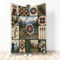 Custom archery blanket with bows, arrows, targets, mountain scenery, wildlife, and rustic geometric artwork