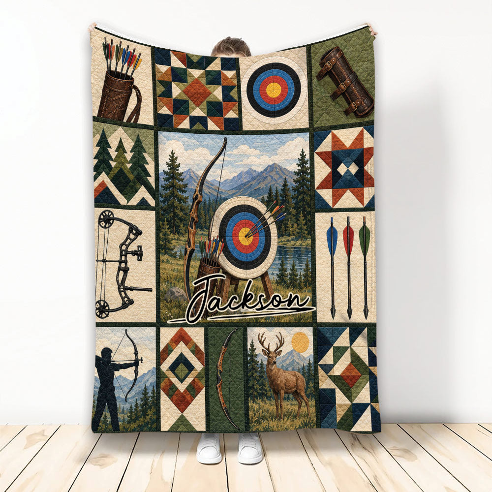 Custom archery blanket with bows, arrows, targets, mountain scenery, wildlife, and rustic geometric artwork