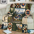 Rustic archery blanket draped over a couch with target, bow, arrows, forest, mountain, and deer artwork