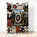 Archery blanket featuring bows, arrows, targets, quivers, mountain scenery, and a deer-themed target design
