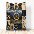 Archery throw blanket featuring bows, arrows, targets, mountain scenery, and rustic outdoor artwork