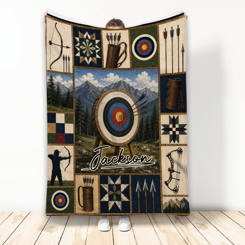 Archery throw blanket featuring bows, arrows, targets, mountain scenery, and rustic outdoor artwork
