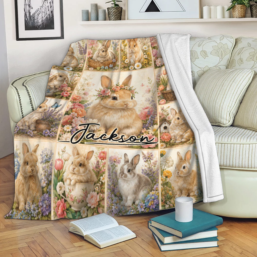 Floral rabbit throw blanket draped over a sofa in a cozy living room