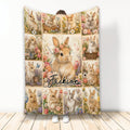 Rabbit blanket with a floral garden collage and multiple illustrated bunnies