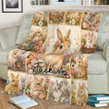 Close view of a flower-covered rabbit blanket styled across a sofa
