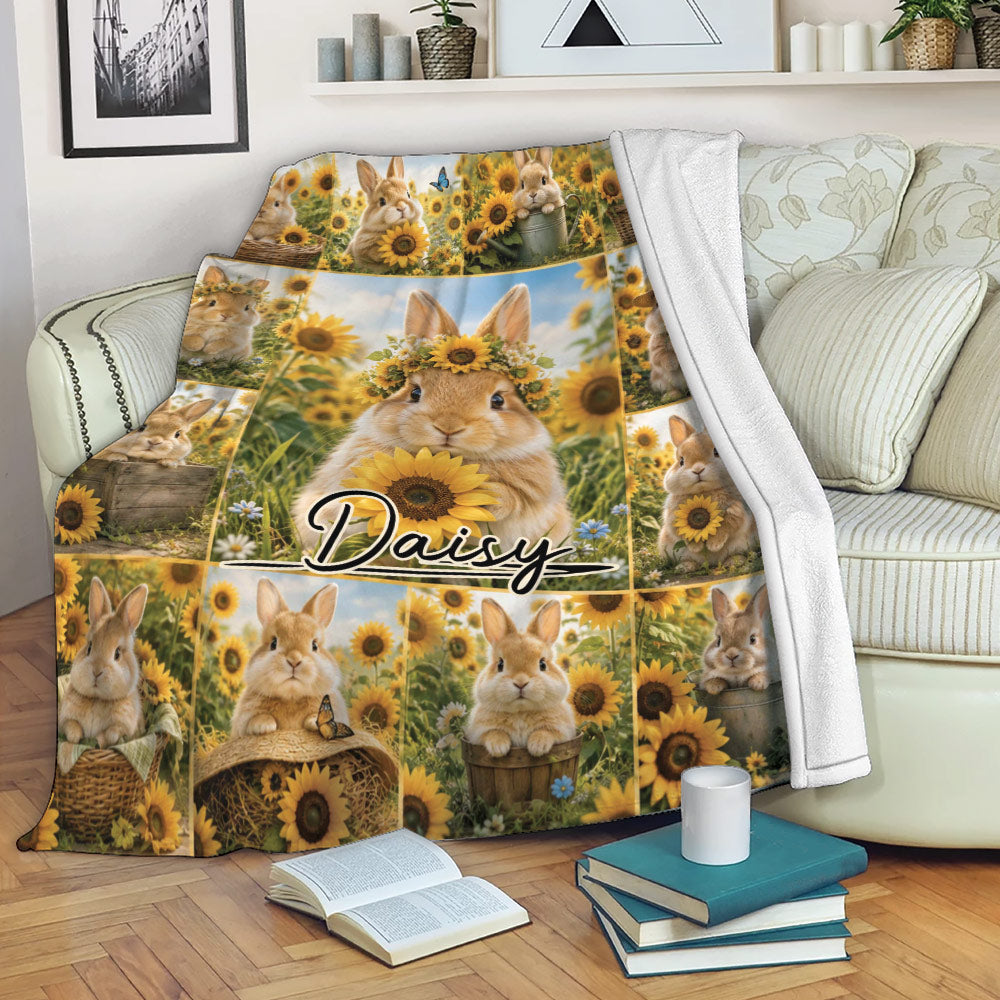 Sunflower rabbit blanket draped over a sofa in a cozy reading space