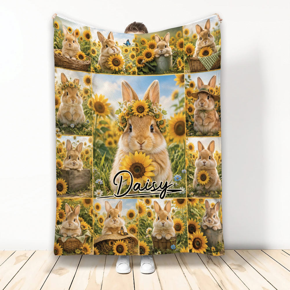Rabbit throw blanket featuring sunflower garden scenes and a central bunny design