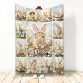 Rabbit throw blanket with floral daisy garden artwork and multiple whimsical bunny scenes