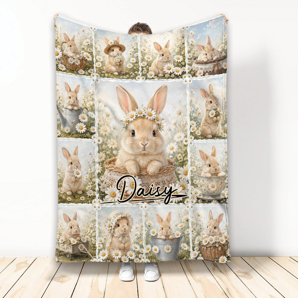 Rabbit throw blanket with floral daisy garden artwork and multiple whimsical bunny scenes