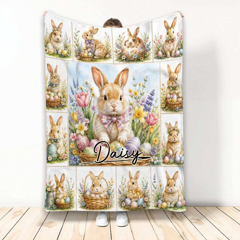 Easter rabbit blanket with colorful eggs, spring flowers, and a central bunny illustration