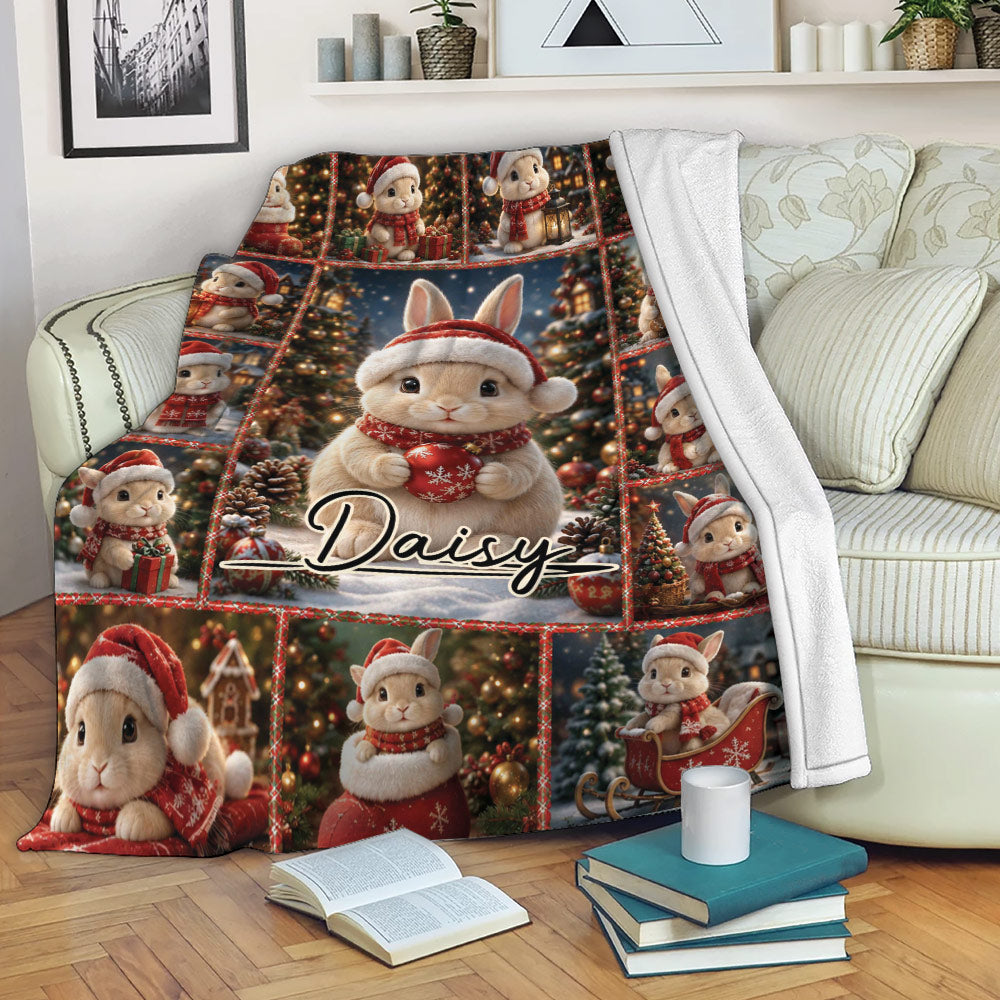 Festive rabbit blanket draped over a sofa with Christmas bunny artwork, trees, presents, and warm holiday decor