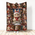 Christmas rabbit throw blanket featuring festive bunny scenes, ornaments, gifts, trees, and cozy holiday colors