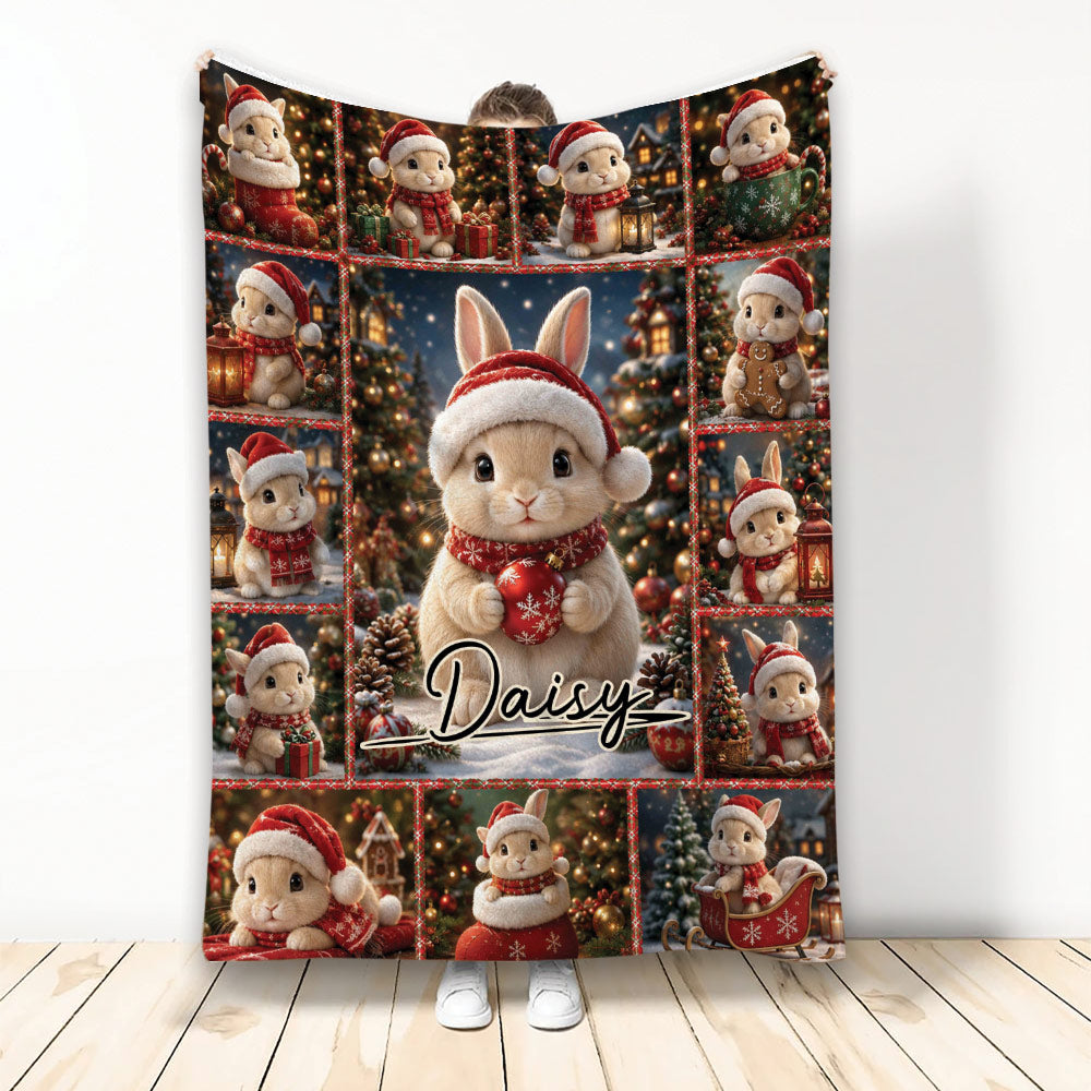Christmas rabbit throw blanket featuring festive bunny scenes, ornaments, gifts, trees, and cozy holiday colors