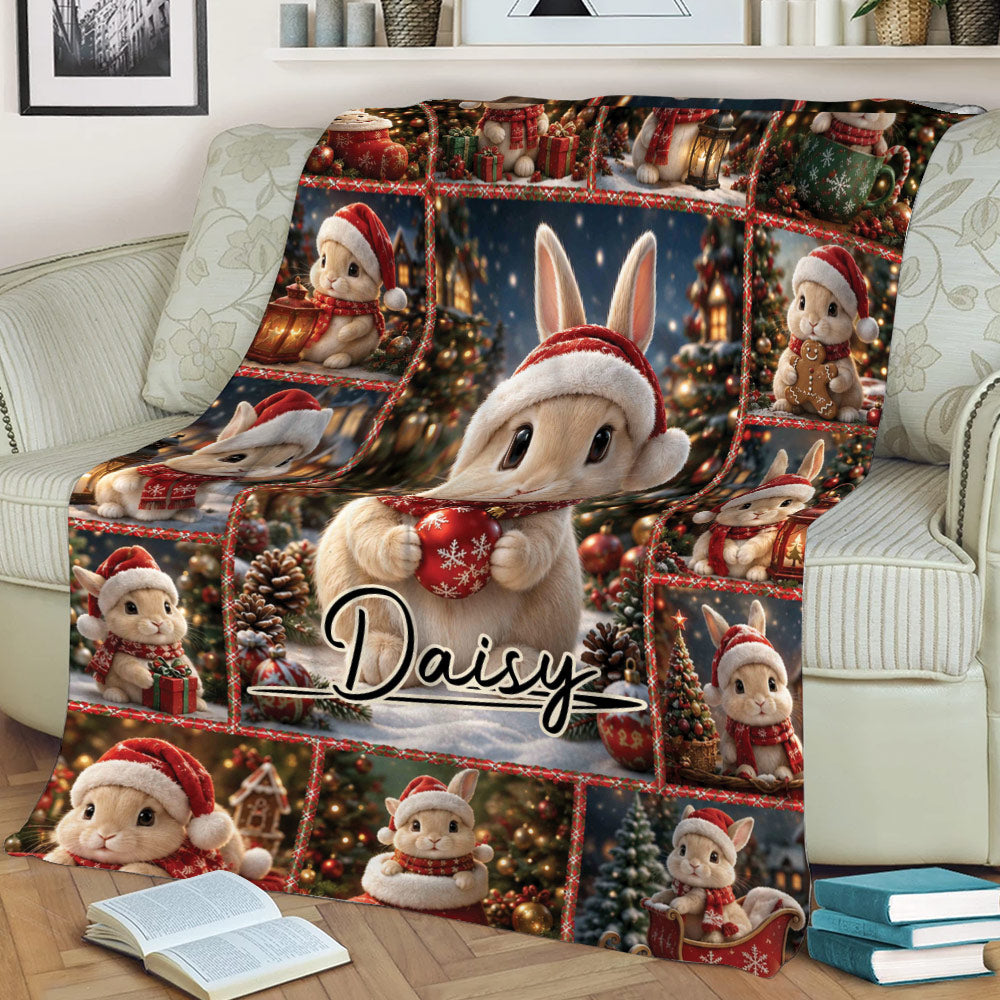 Christmas rabbit throw blanket displayed on a sofa with collage-style bunny scenes and seasonal decorations