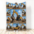 Excavator throw blanket featuring yellow construction machinery collage artwork held upright