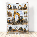 Excavator blanket with yellow heavy equipment collage, construction scenes, rocks, cones, and road barriers