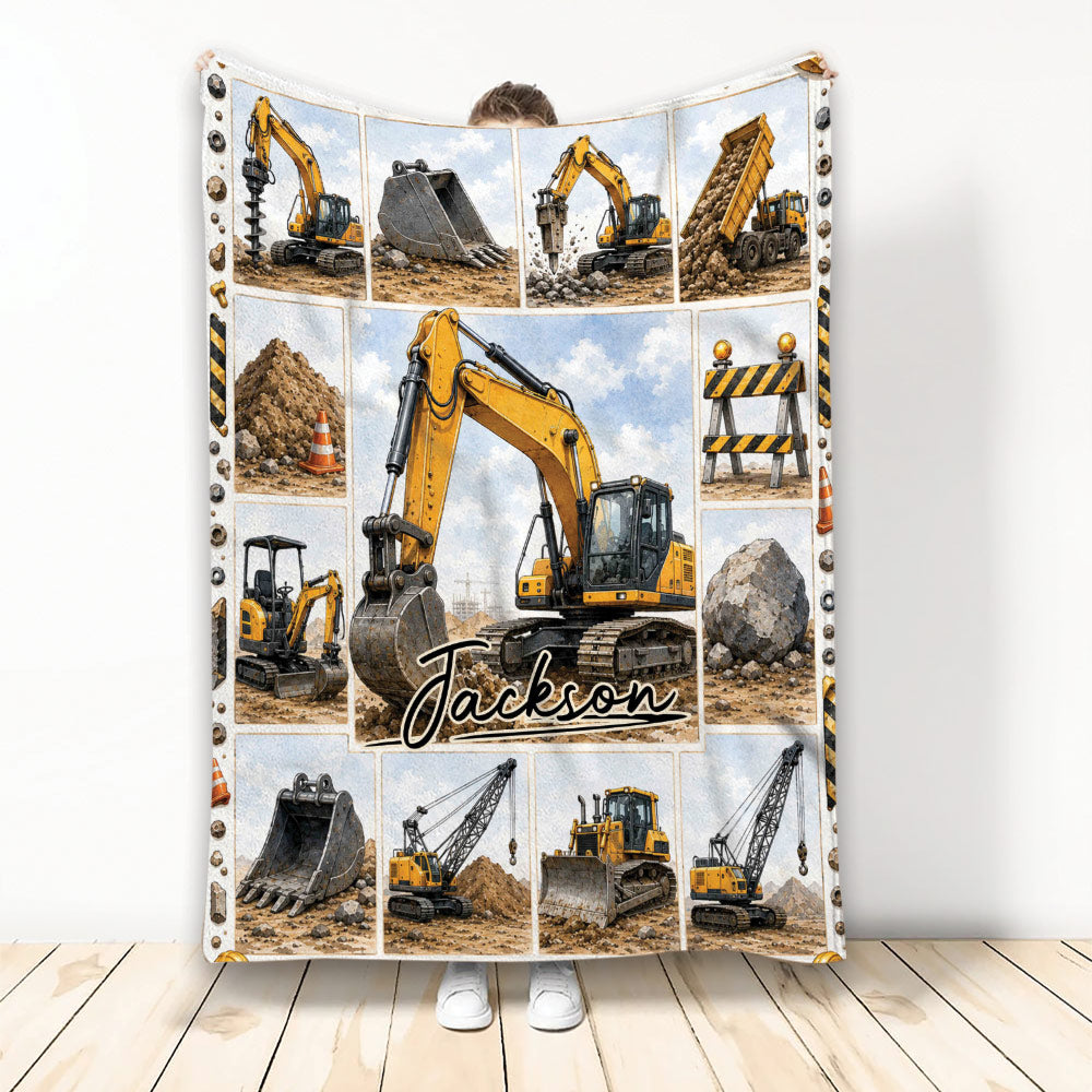 Excavator blanket with yellow heavy equipment collage, construction scenes, rocks, cones, and road barriers